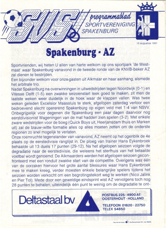 AZ Programma 18-nov-1988 Spakenburg uit beker